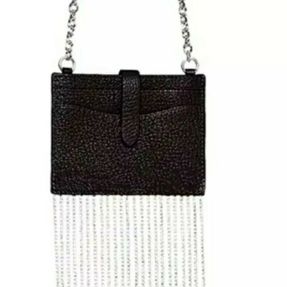 Rebecca Minkoff NWT Large Leather Card Case On Chain (Black/Silver) NEW